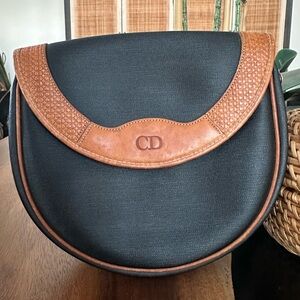 Vintage Christian Dior CD Black Canvas Tan Leather Handbag COA clutch crossbody